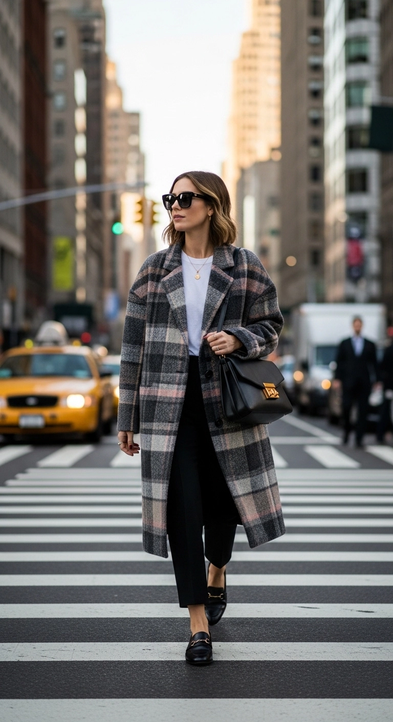NYC spring outfits 2026 with statement coat basic tee and tailored trousers