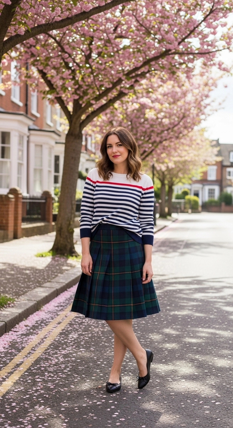 Spring outfits with skirts 2026 with striped sweater and kilt-inspired skirt