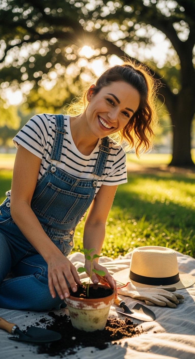 Striped tee with denim overalls gardening at park, casual spring outfit 2026