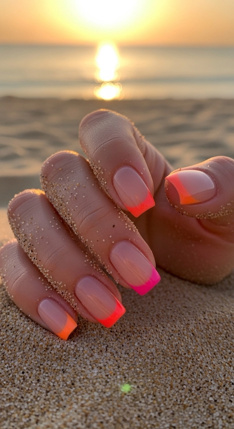 colorful beach nails ideas sunset French fade nails with pink and coral tips