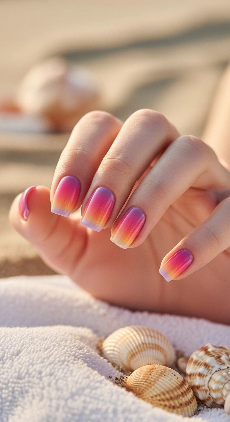 colorful beach nails ideas sunset gradient nails with pink orange and purple
