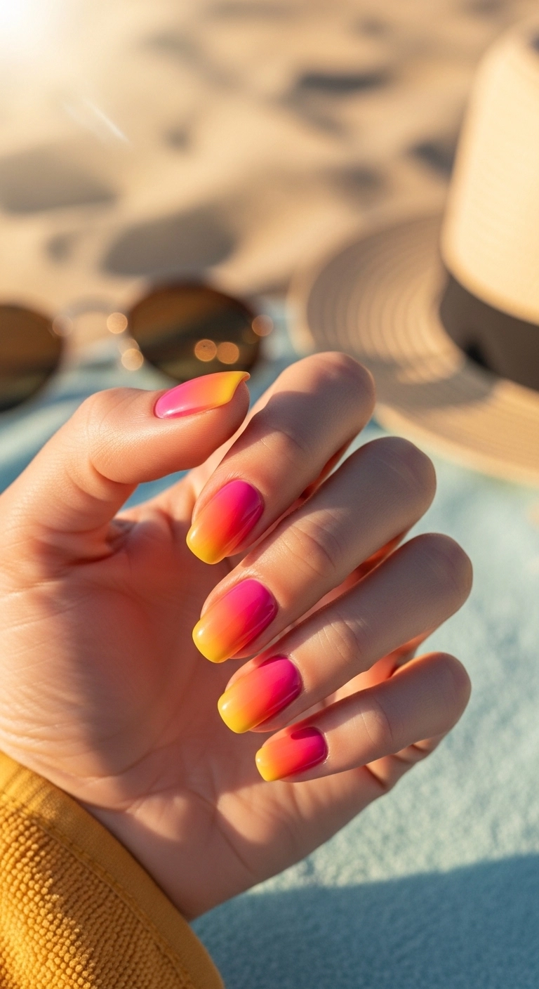bright summer nails ideas sunset ombre nails with orange pink and yellow gradient