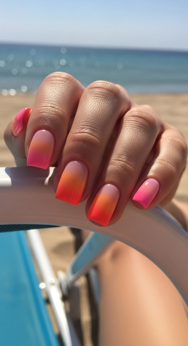 hot summer nails ideas sunset ombre nails with coral and pink gradient