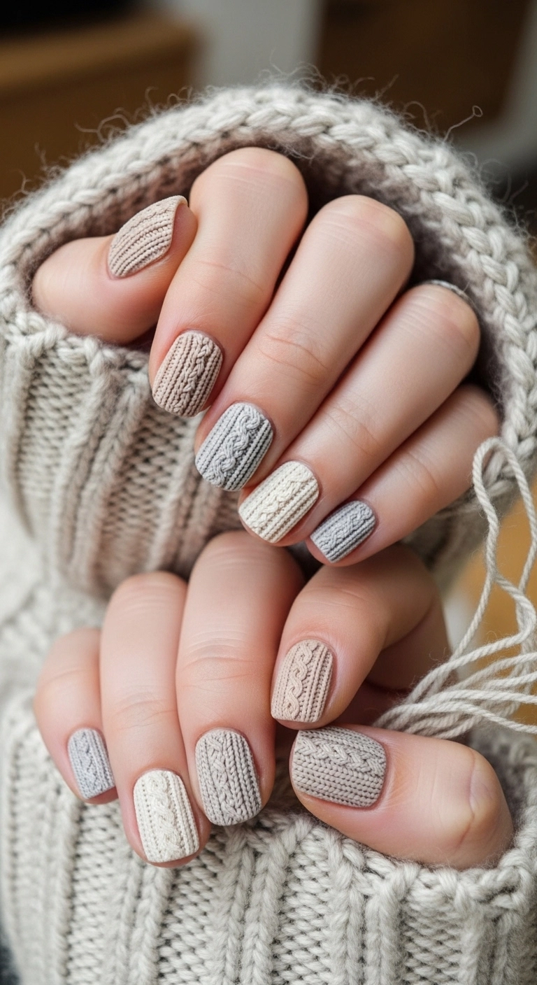 Sweater texture short nails winter manicure