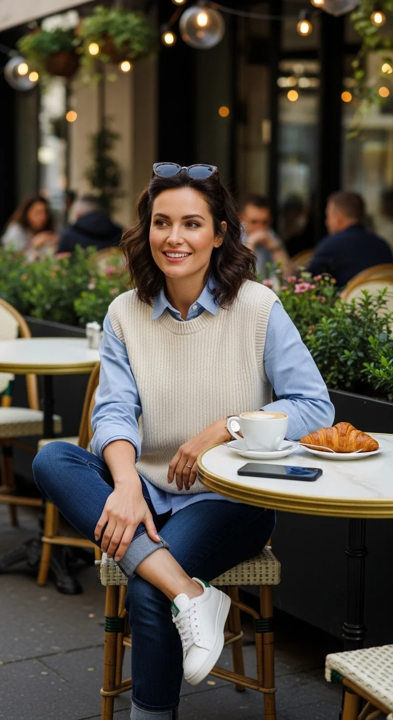 Sweater vest with button-down shirt casual fall outfits for women in autumn 2025