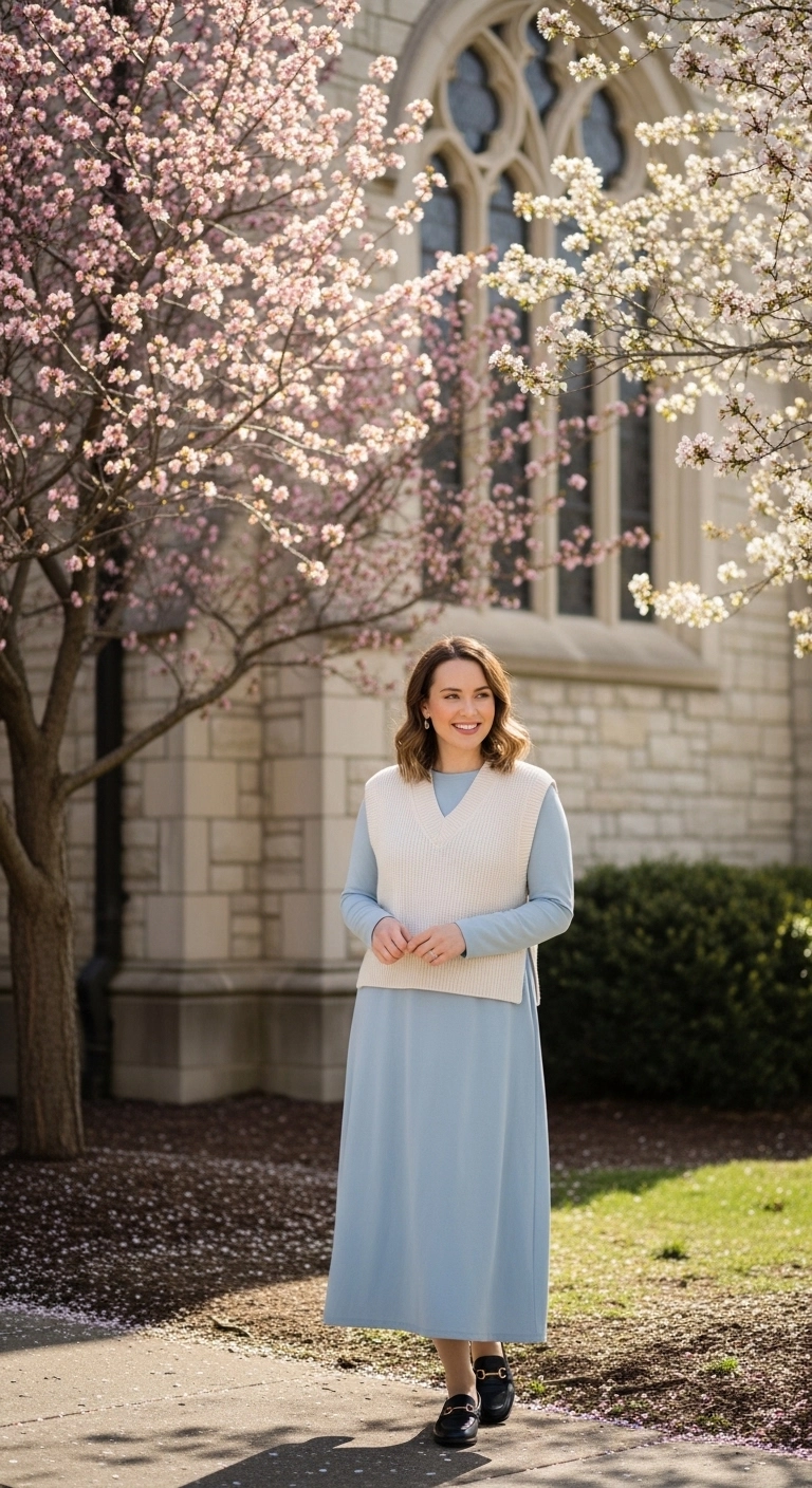 Spring church outfits 2026 with sweater vest over long-sleeve dress
