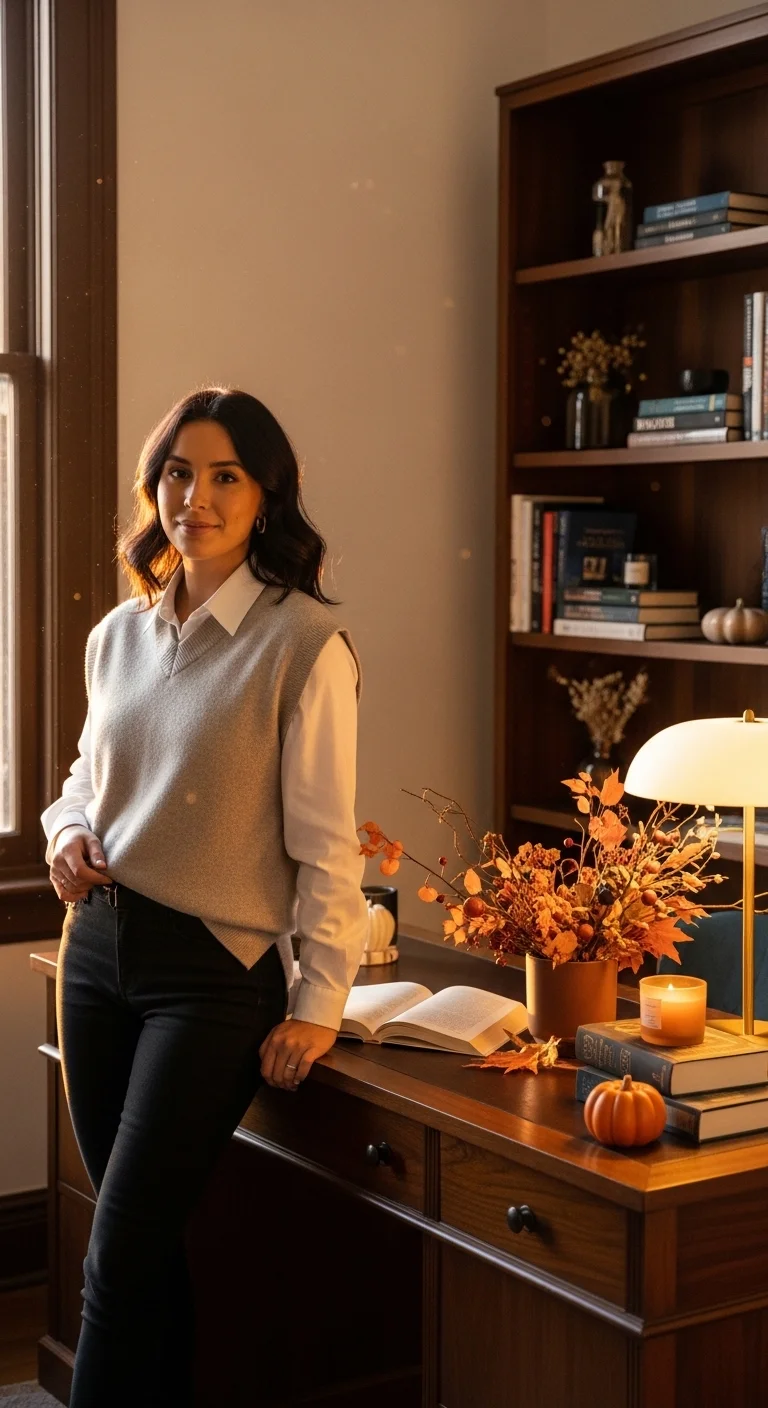 Woman in sweater vest layered outfit for fall business casual outfits for women in 2025