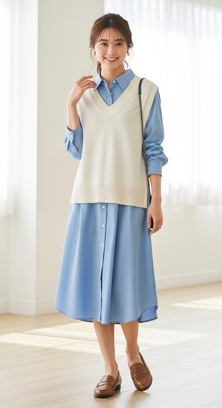 Warm spring outfits for women 2026 with sweater vest layered over a shirt dress