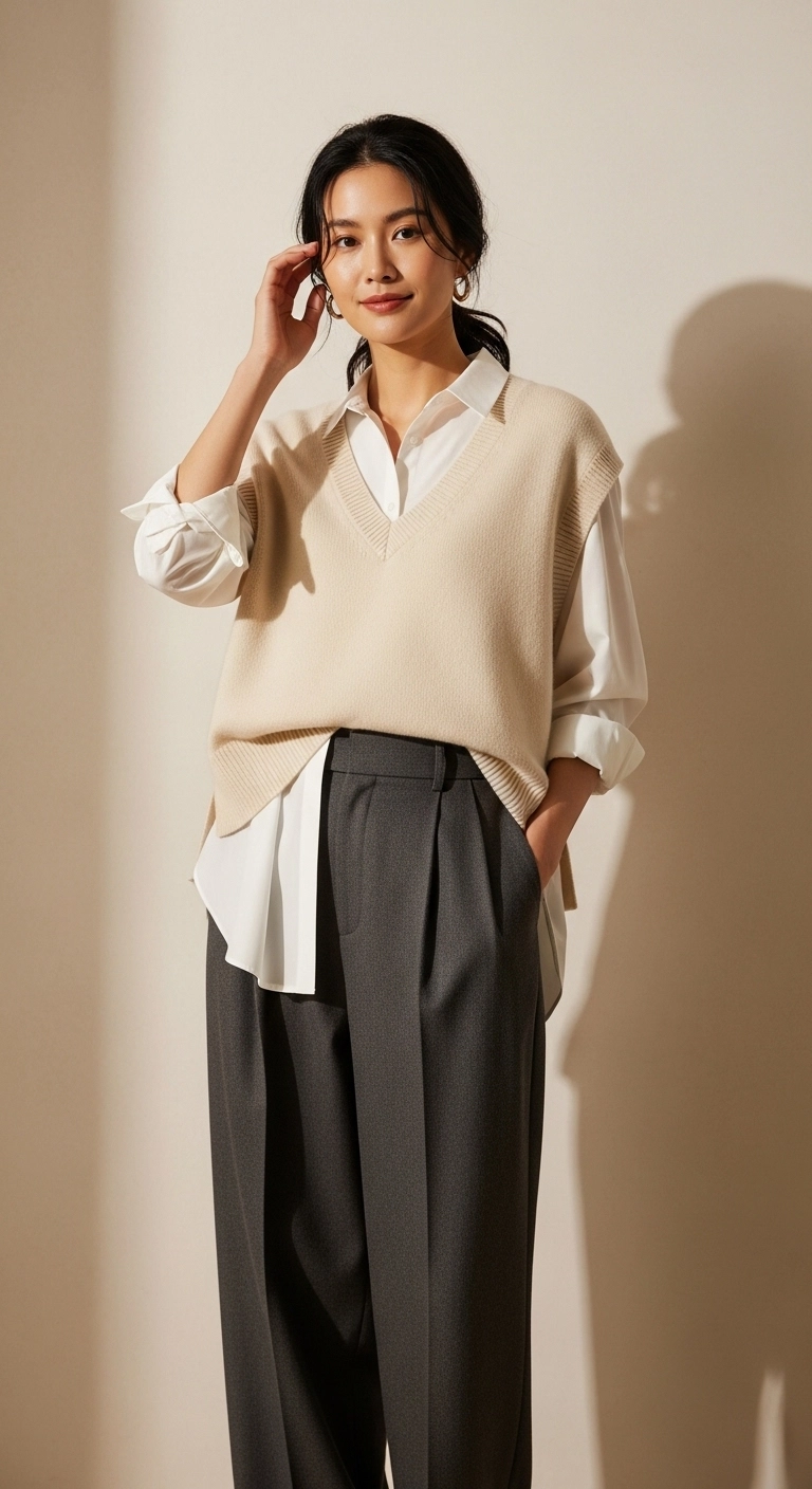 Cozy fall outfits to dress up in autumn 2026 with sweater vest and trousers