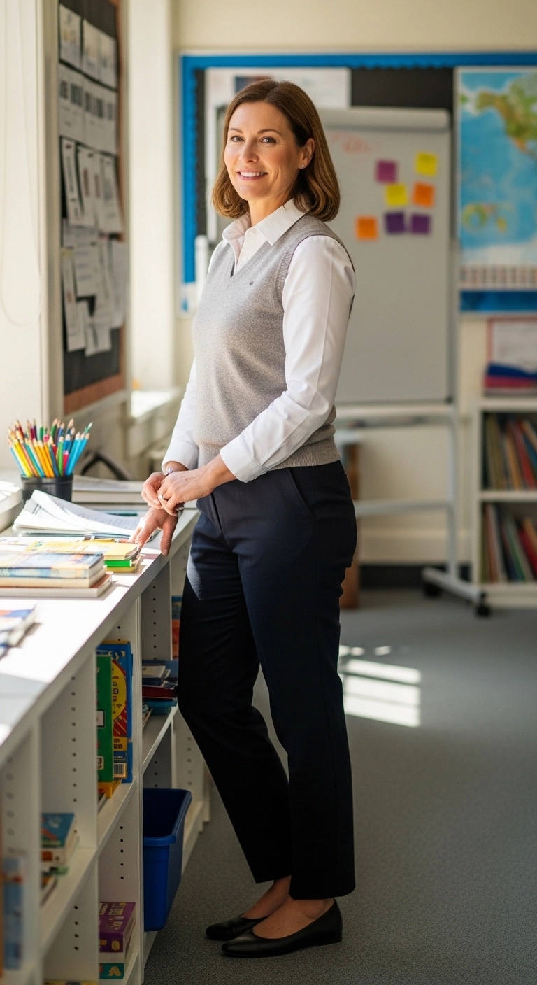 Spring teacher outfits 2026 with sweater vest button-down and trousers