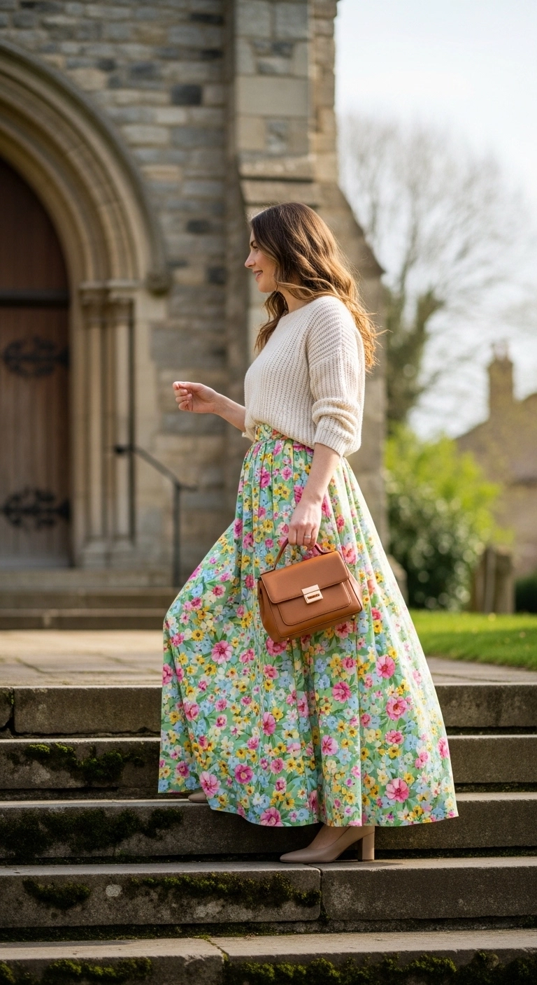 Spring church outfits 2026 with lightweight sweater and floral maxi skirt