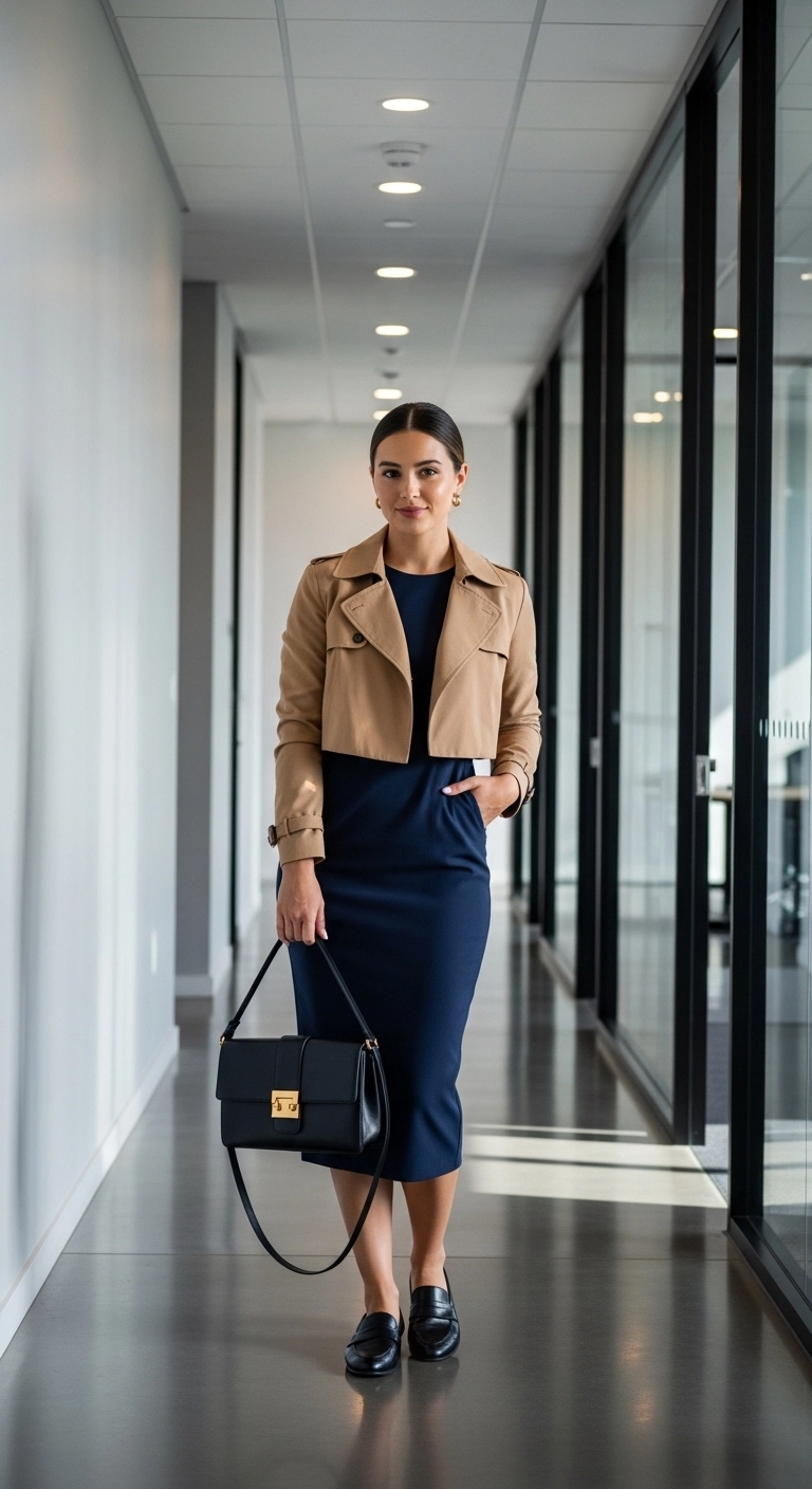 Spring business casual outfits 2026 with lightweight sweater and pleated midi skirt