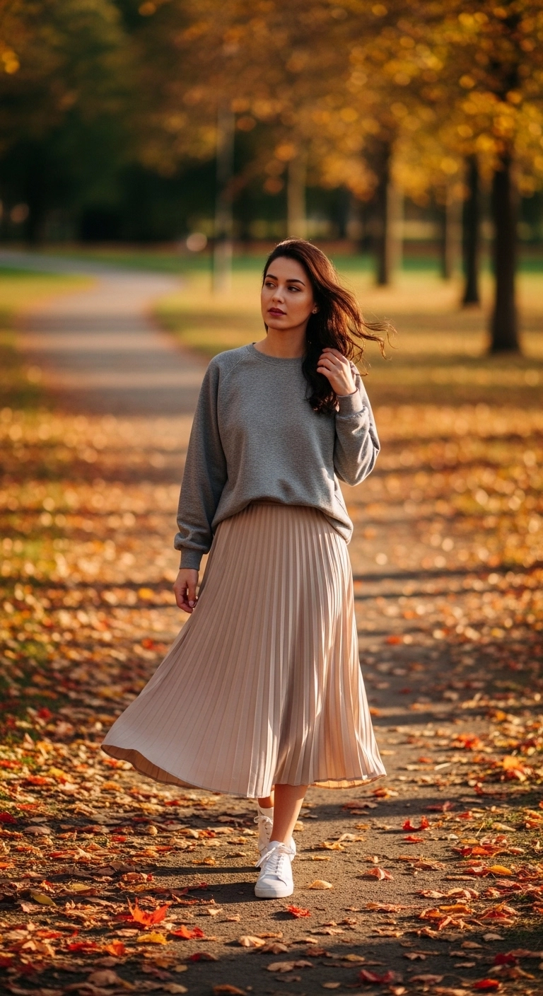 Woman wearing a sweatshirt and pleated skirt for a trendy fall 2025 outfit.