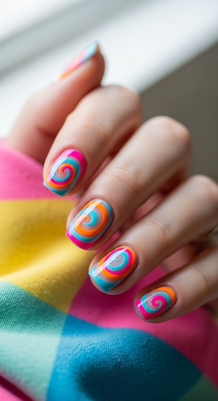 bright summer nails ideas with colorful swirl nail designs