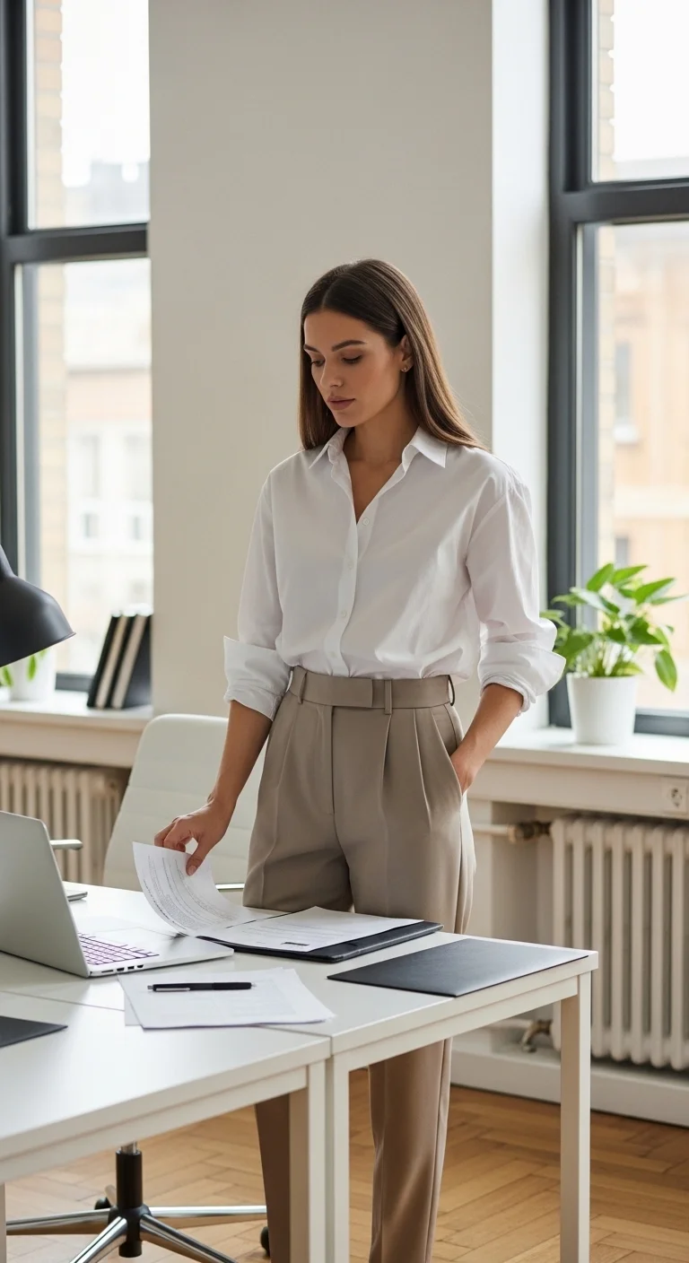Woman in button-down shirt and tailored trousers for fall business casual outfits for women in 2025