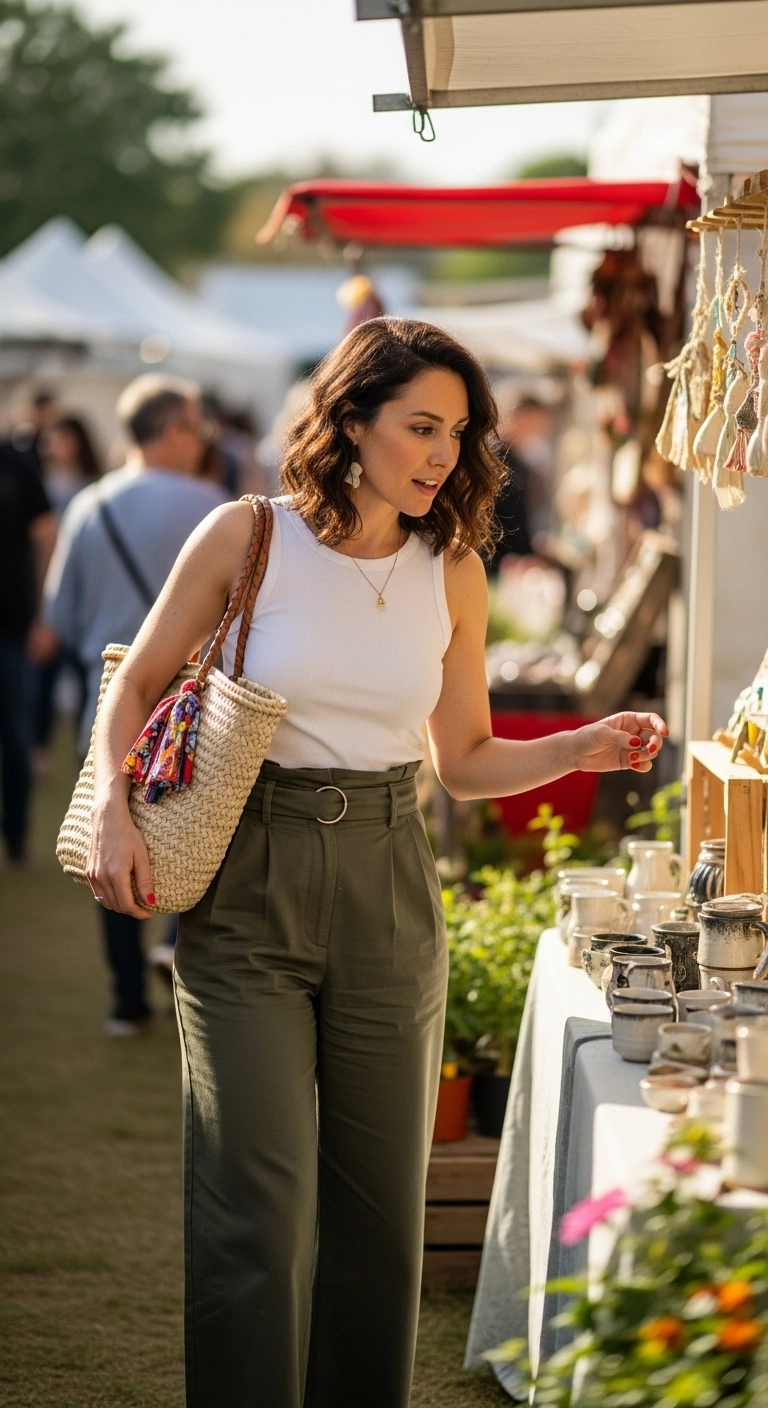 Tank top paired with wide-leg pants walking through spring fair, casual spring outfit 2026