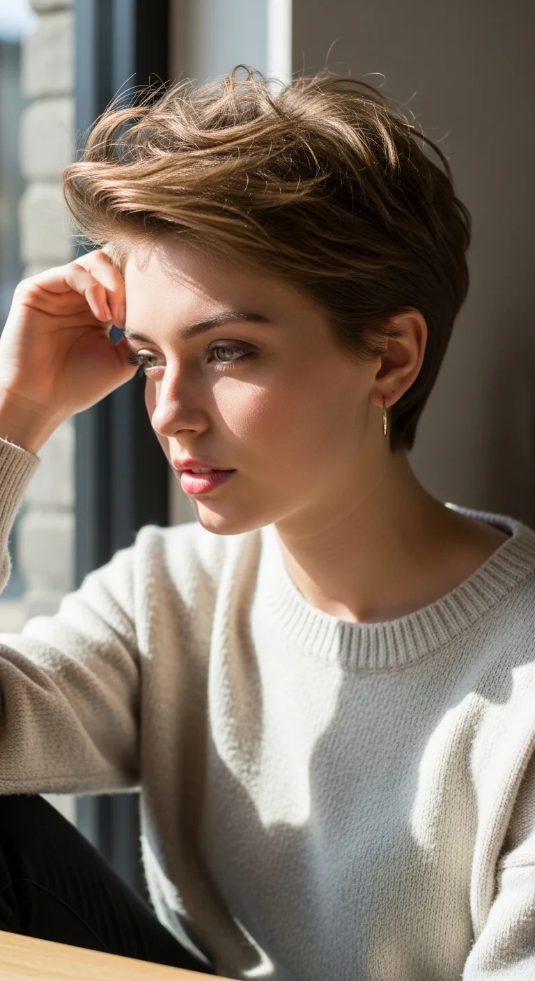 Textured pixie cut short hairstyle for thin fine hair with volume