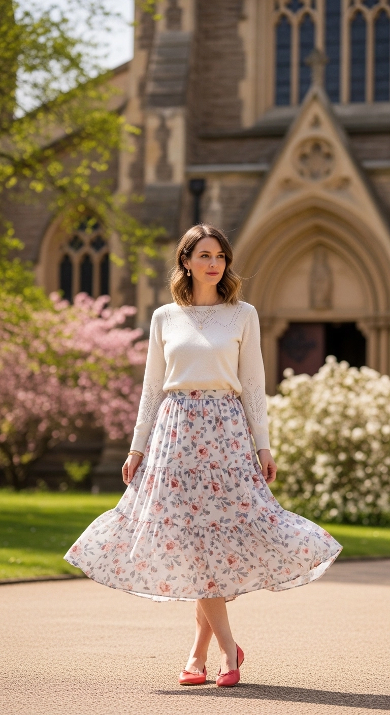 Spring church outfits 2026 with knit top and tiered midi skirt