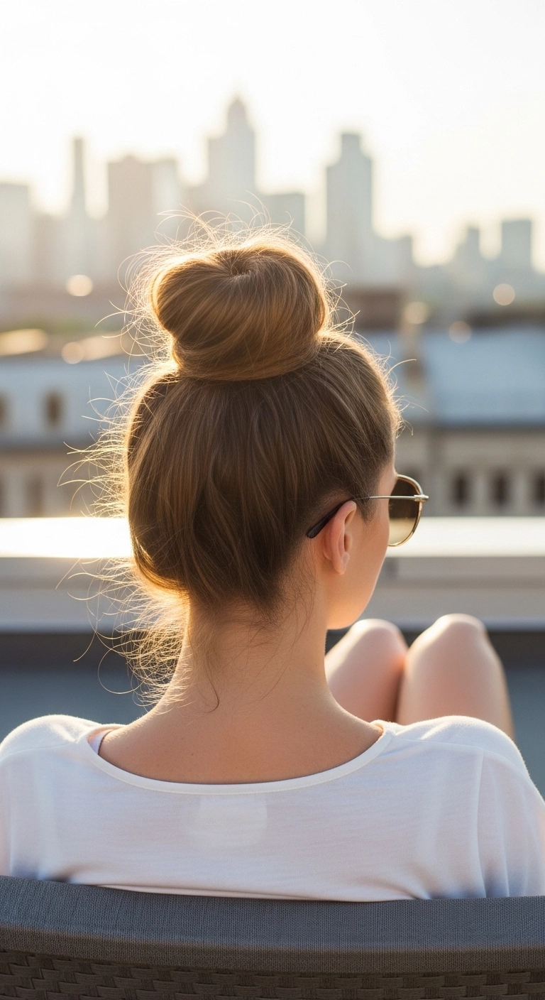 Woman wearing a high top knot bun hairstyle, a cooling summer hairstyle for long hair.