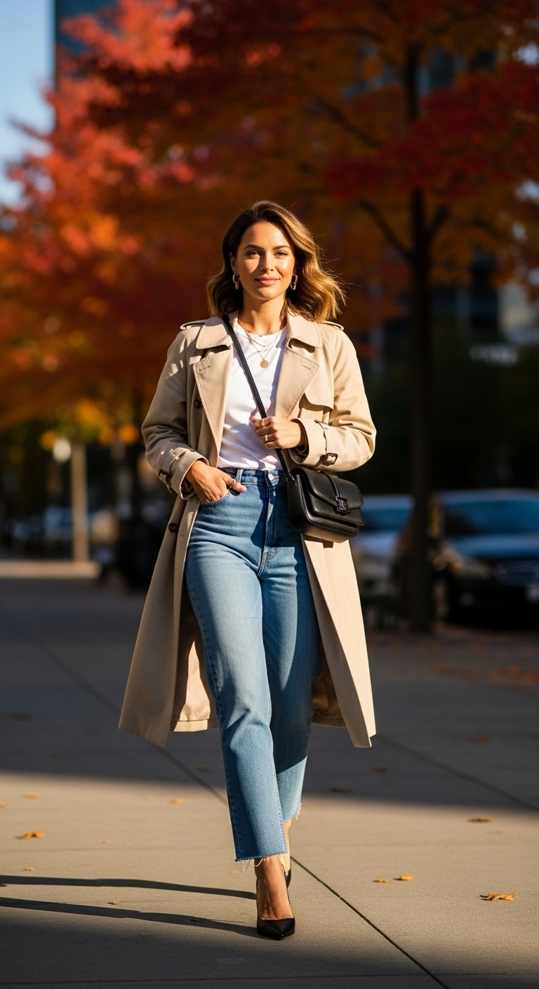Trench coat with jeans and heels for fall birthday outfits for women in autumn of 2025