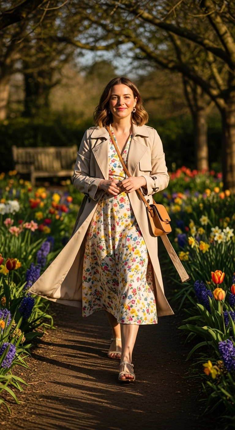 Lightweight trench coat over midi dress, aesthetic spring outfit ideas for women 2026