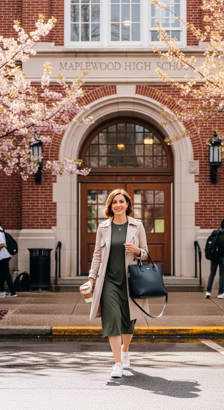 Spring teacher outfits 2026 with trench coat tee dress and white sneakers