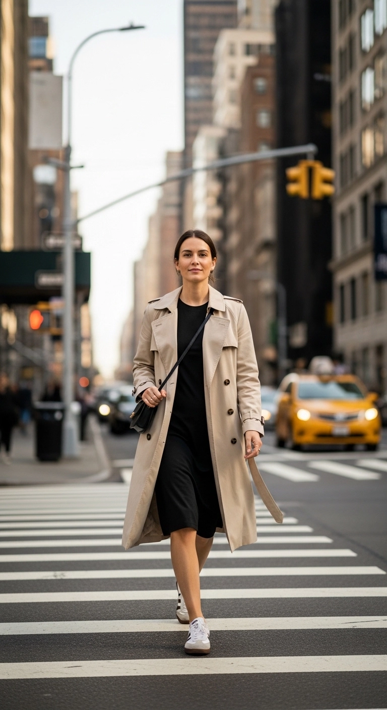 NYC spring outfits 2026 with trench coat tee dress and retro sneakers