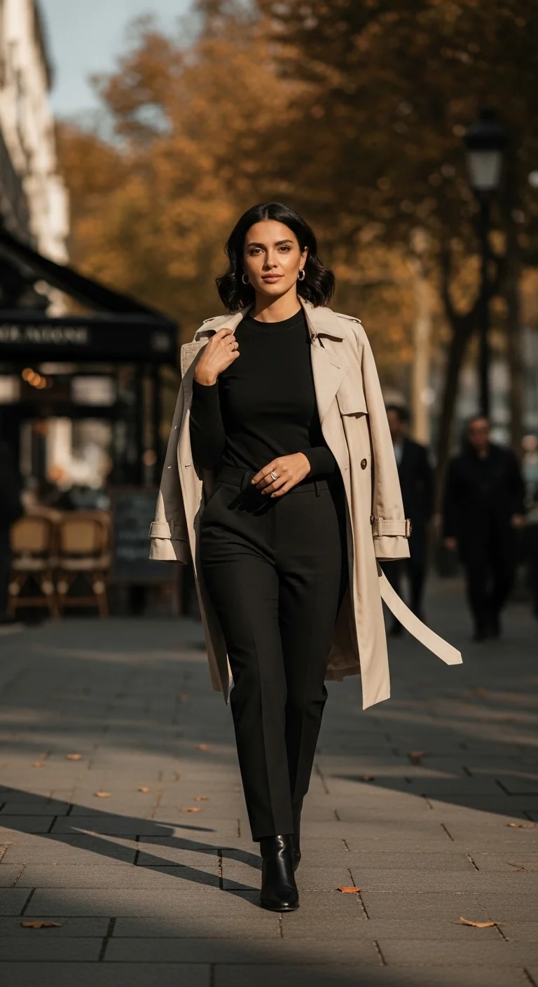 Woman wearing a trench coat over an all-black outfit for a stylish autumn 2025 fall look.