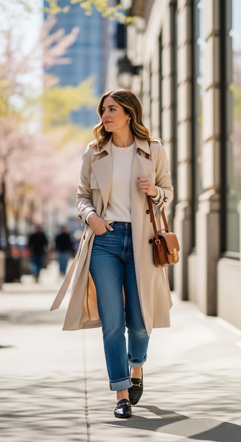Warm spring outfits for women 2026 with trench coat, knit sweater, and straight-leg jeans