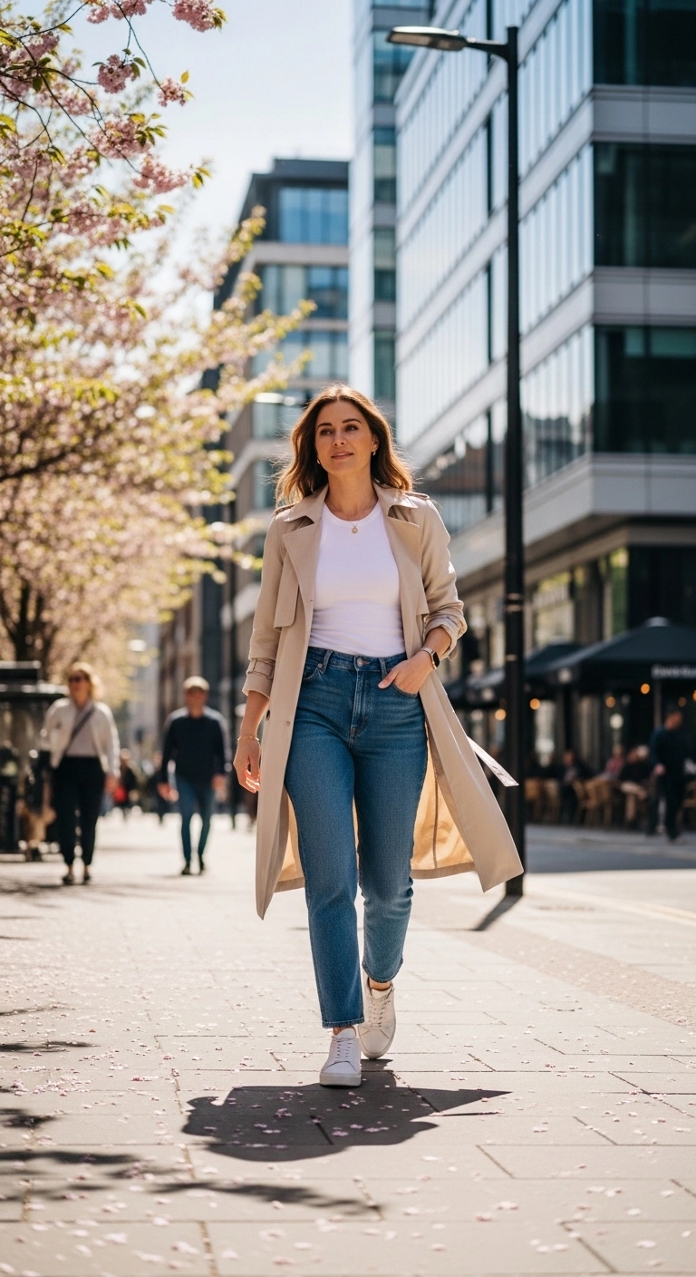 Comfy spring outfits 2026 with lightweight trench tank and straight-leg jeans