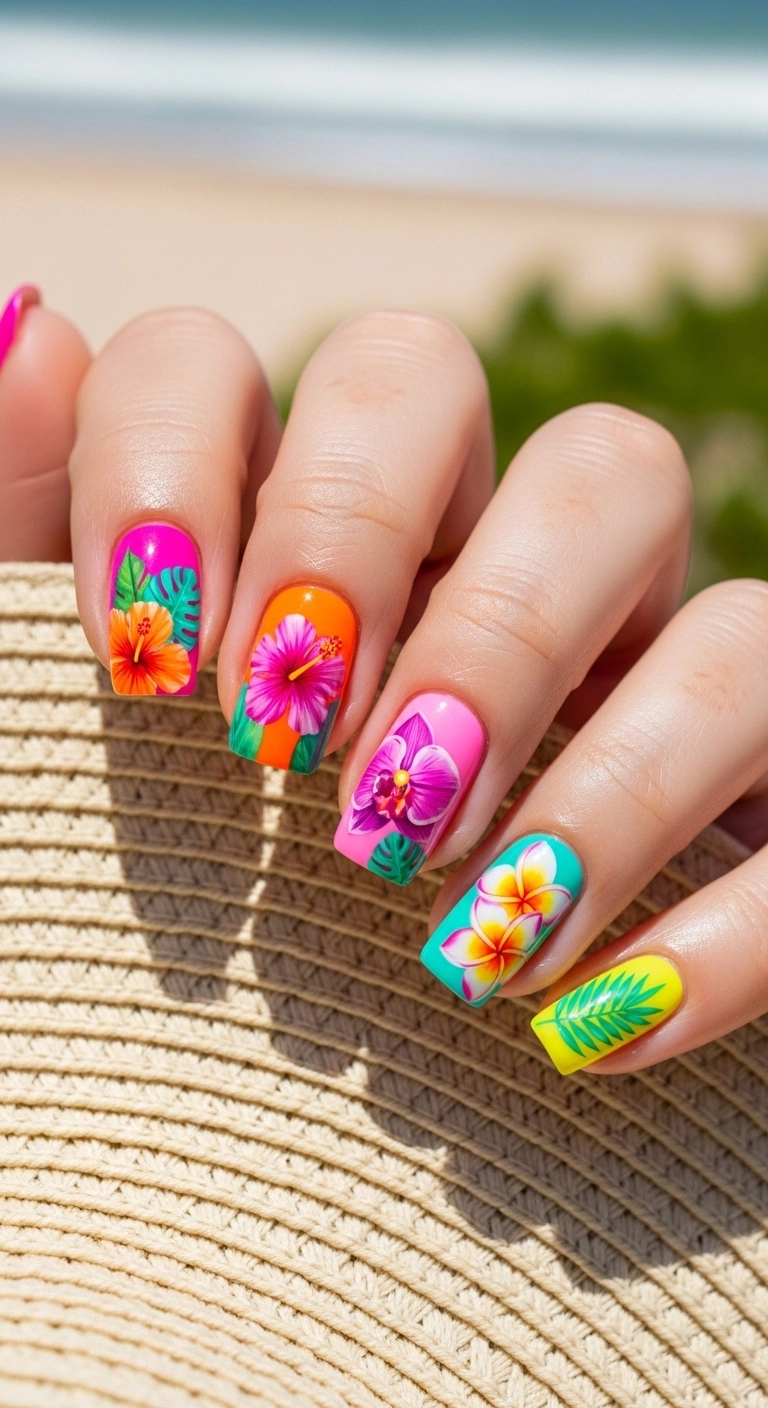 hot summer nails ideas tropical floral nail designs in bright colors