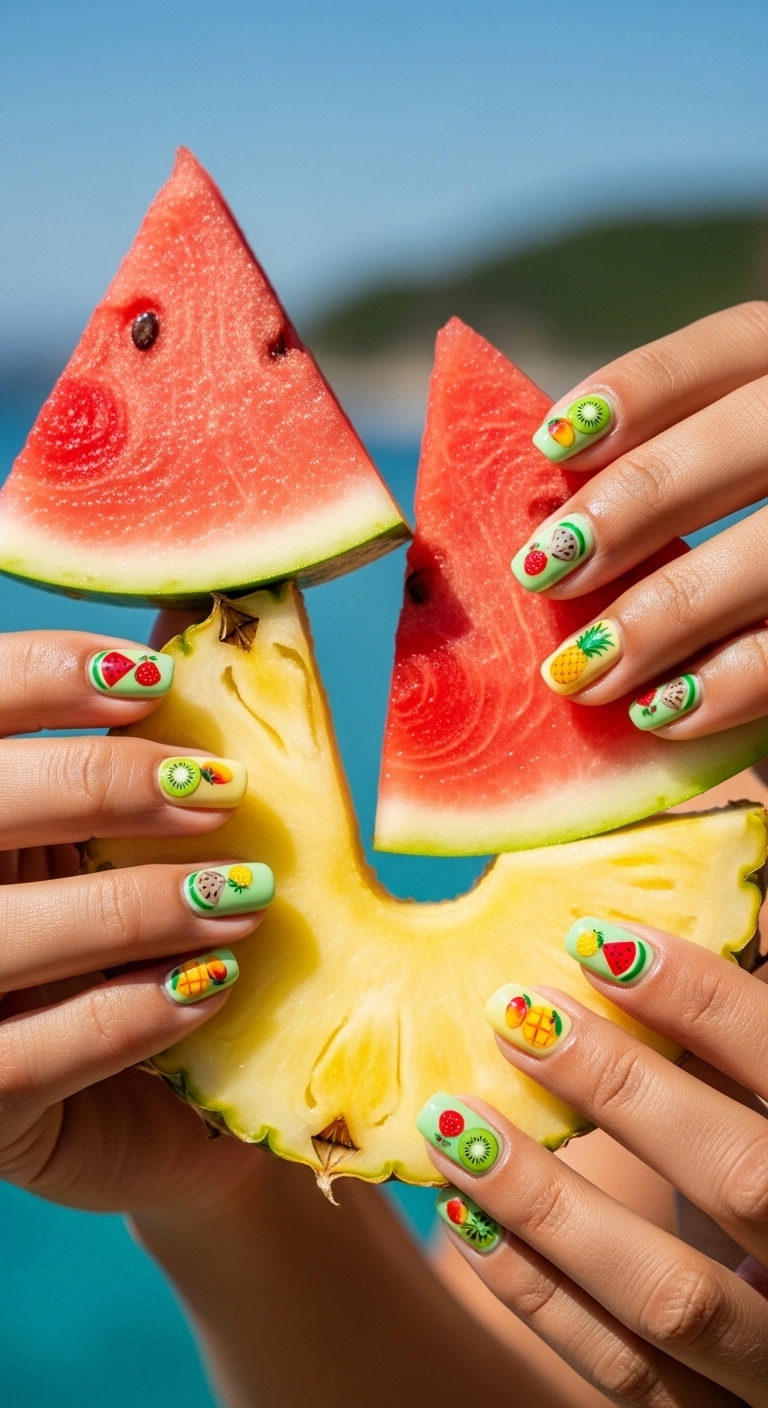 bright summer nails ideas with tropical fruit nail art designs
