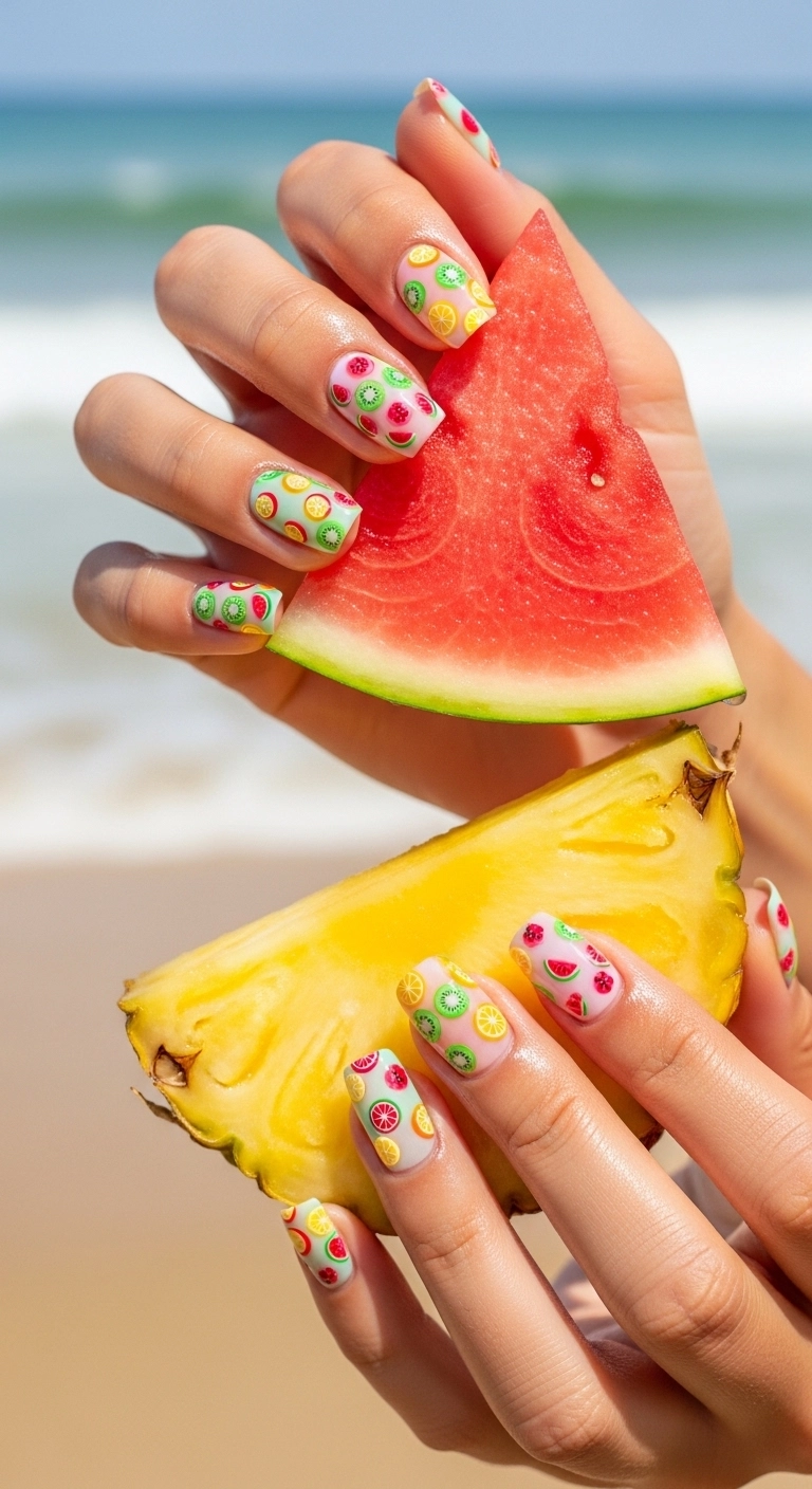 colorful beach nails ideas with tropical fruit nail art designs