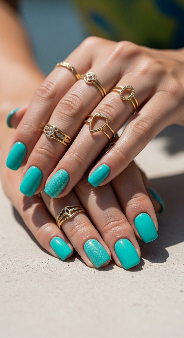 Woman’s hand with turquoise summer nails and gold rings in a casual summer setting.