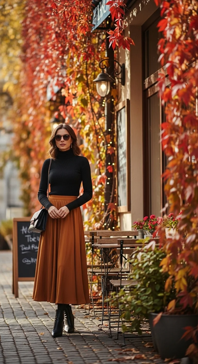 Turtleneck with midi skirt casual fall outfits for women in autumn 2025