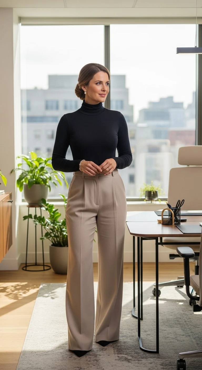 Woman in turtleneck and wide-leg pants for fall business casual outfits for women in 2025