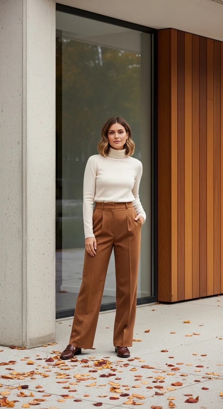 Elegant turtleneck and wide-leg trousers for warm fall outfits for women in autumn 2026