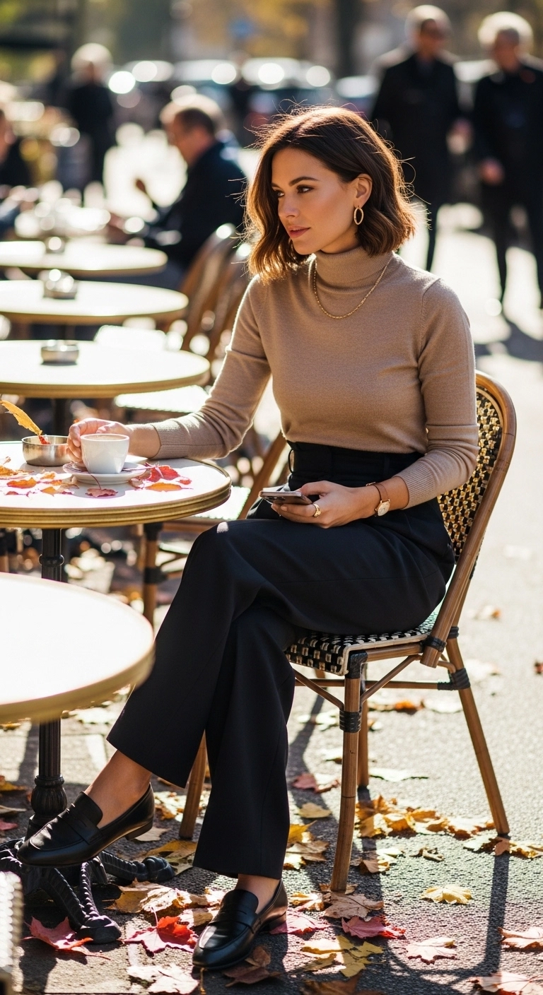 Woman in a fitted turtleneck and wide-leg trousers for a chic fall 2025 outfit.