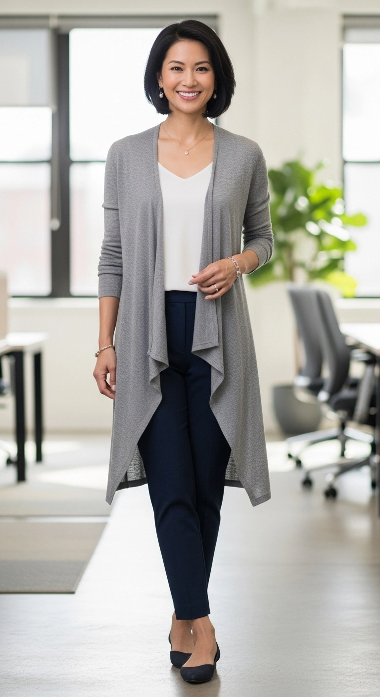 Spring business casual outfits 2026 with knit top dark jeans and tweed jacket