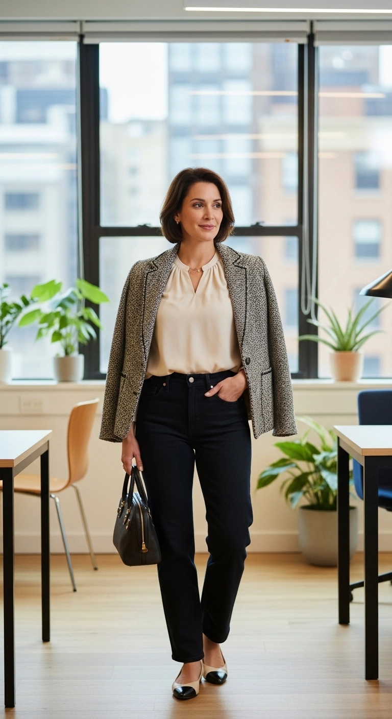 Spring office outfits for women in 2026 with tweed jacket, blouse, and dark jeans