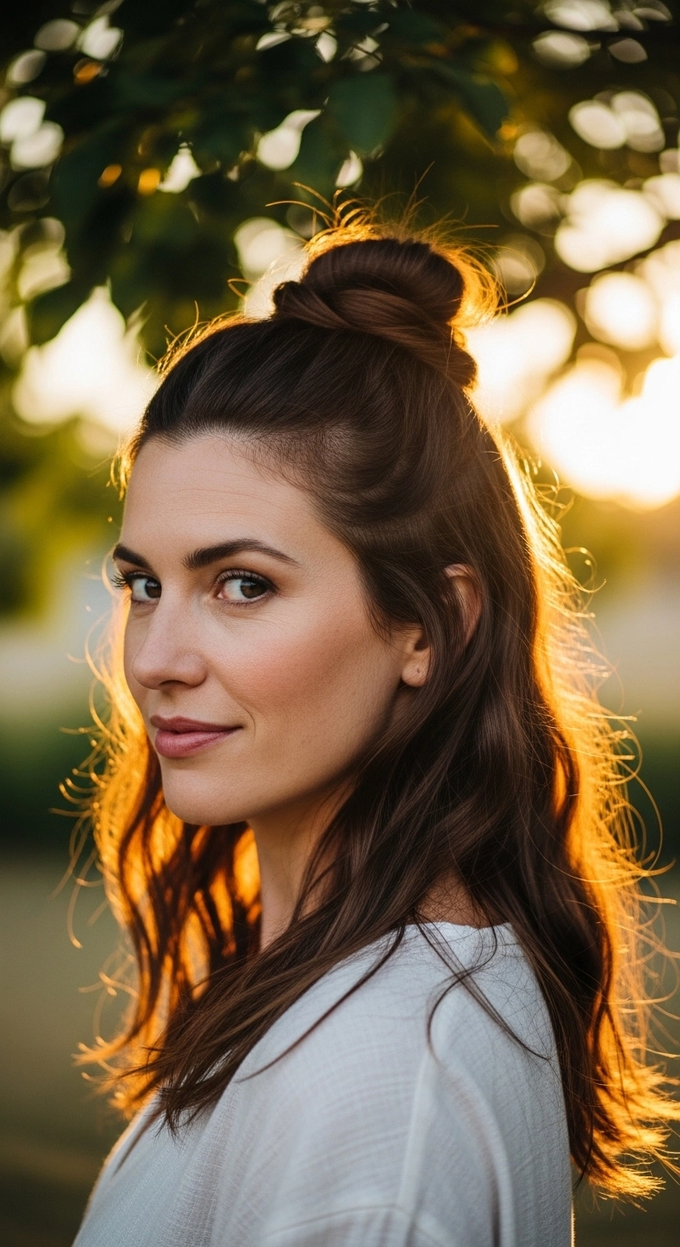 Medium hair half-up twist hairstyle, casual and chic summer look