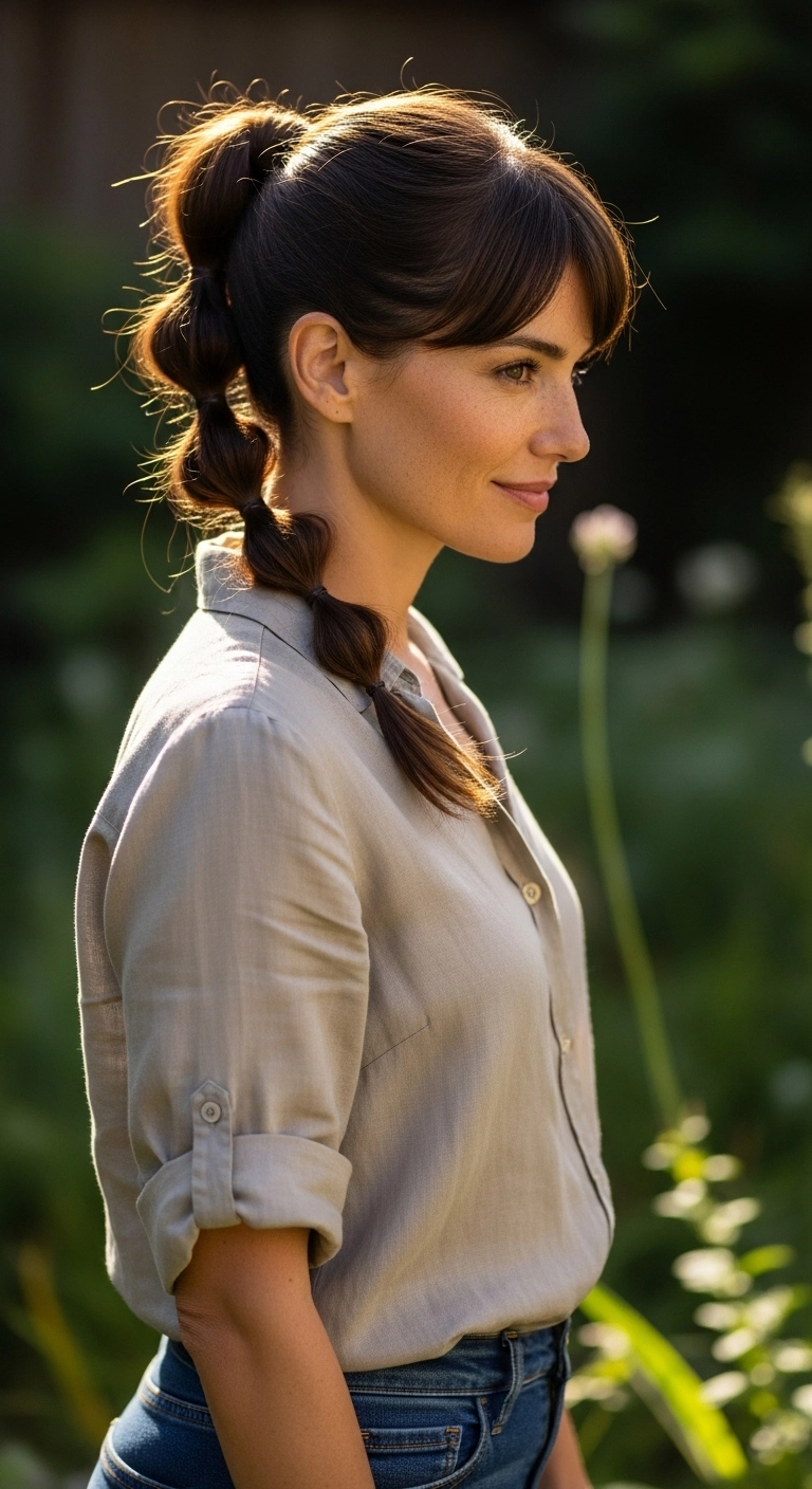 Medium hair twisted ponytail hairstyle, polished and effortless summer style