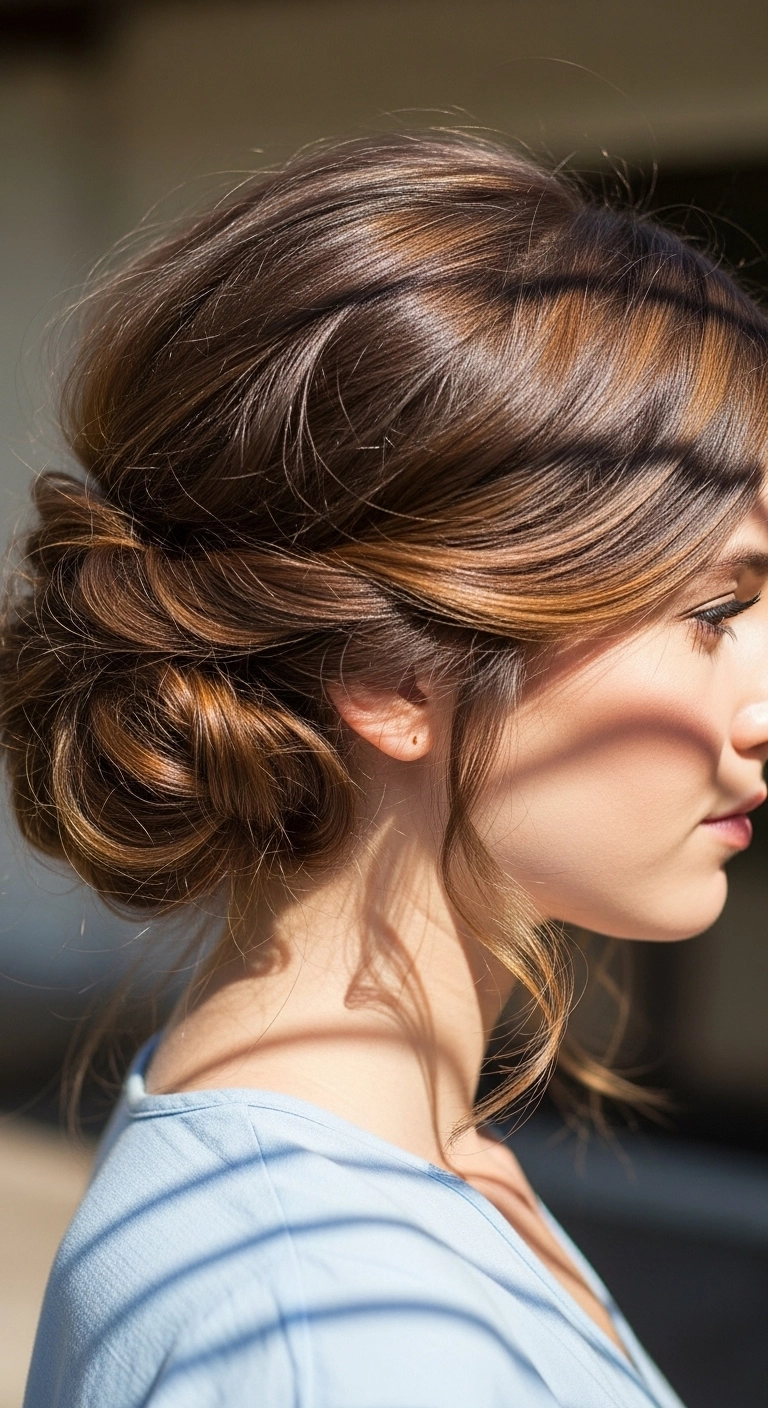 Medium hair twisted side bun hairstyle, elegant and effortless summer look