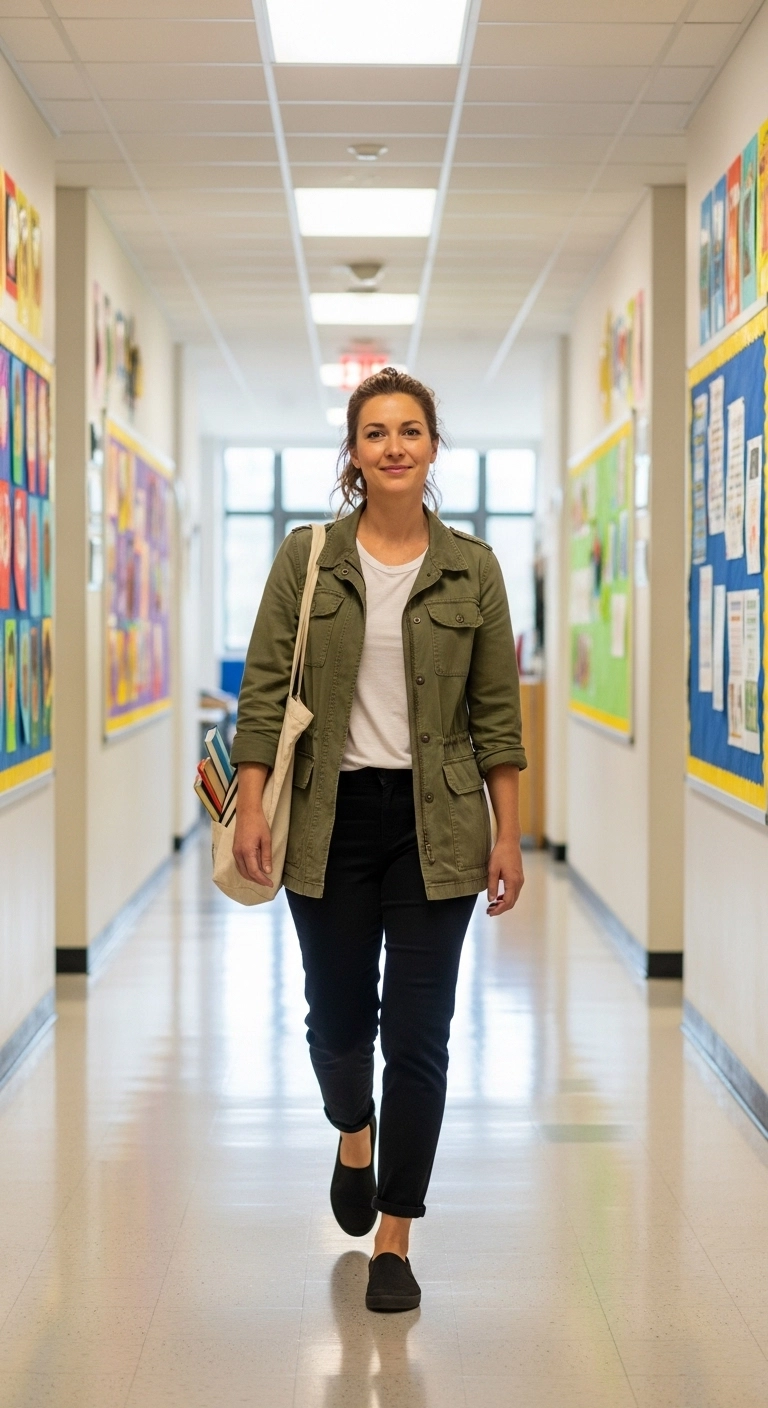 Spring teacher outfits 2026 with utility jacket tee and black pants