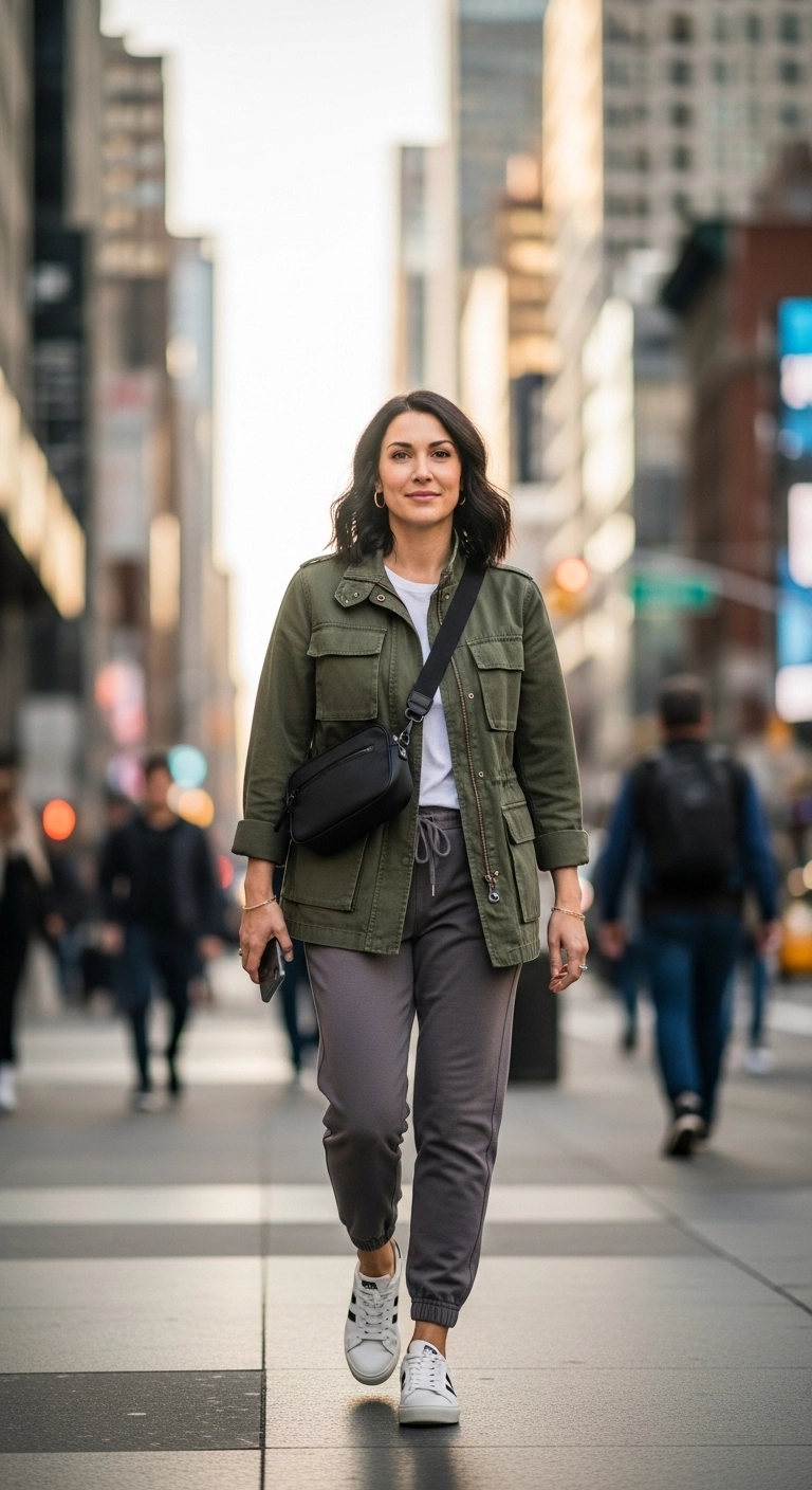 early spring outfits for women 2026 utility jacket with joggers style