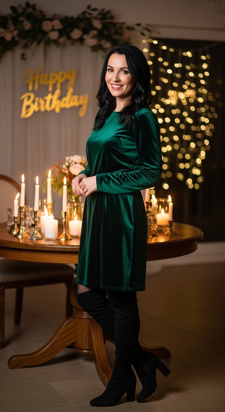 Velvet dress with boots for fall birthday outfits for women in autumn of 2025