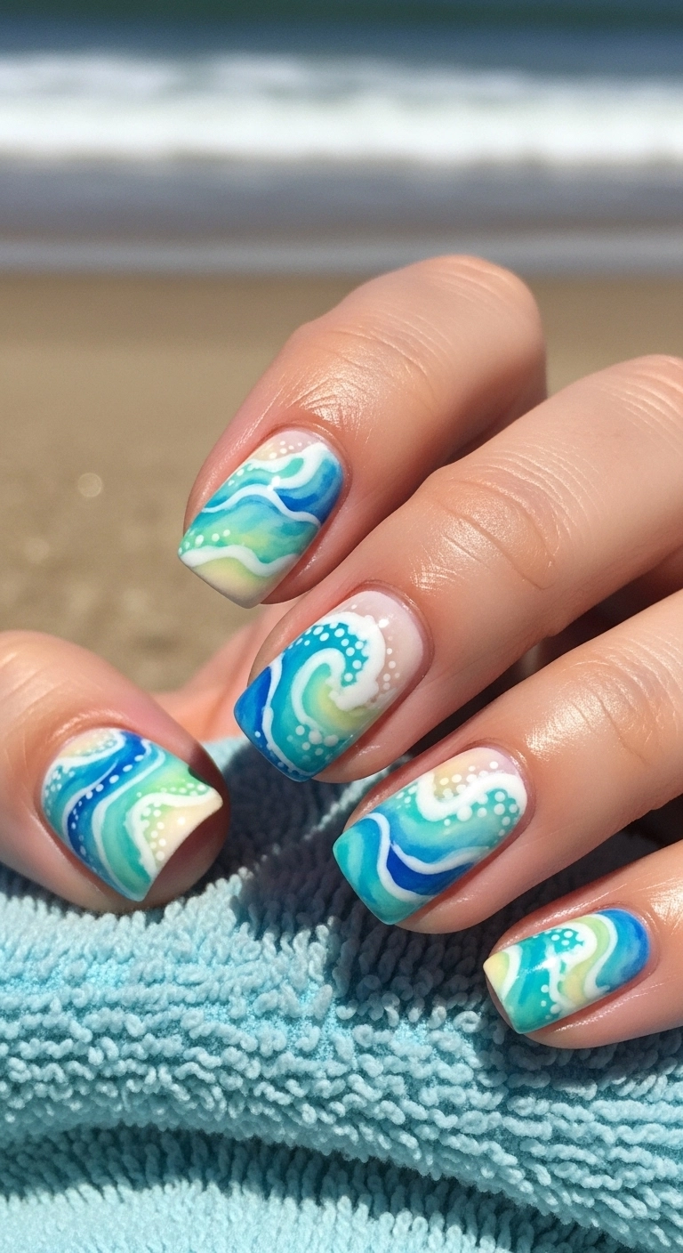 colorful beach nails ideas with watercolor wave nail art in blue and white