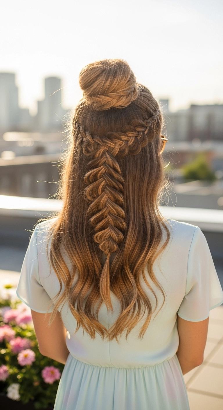 Woman wearing a waterfall braid hairstyle, an elegant summer hairstyle for long hair.