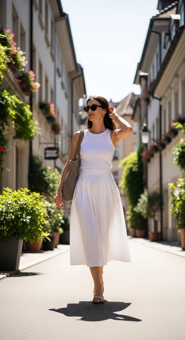 Light spring outfits 2026 with white poplin skirt tank top and sandals