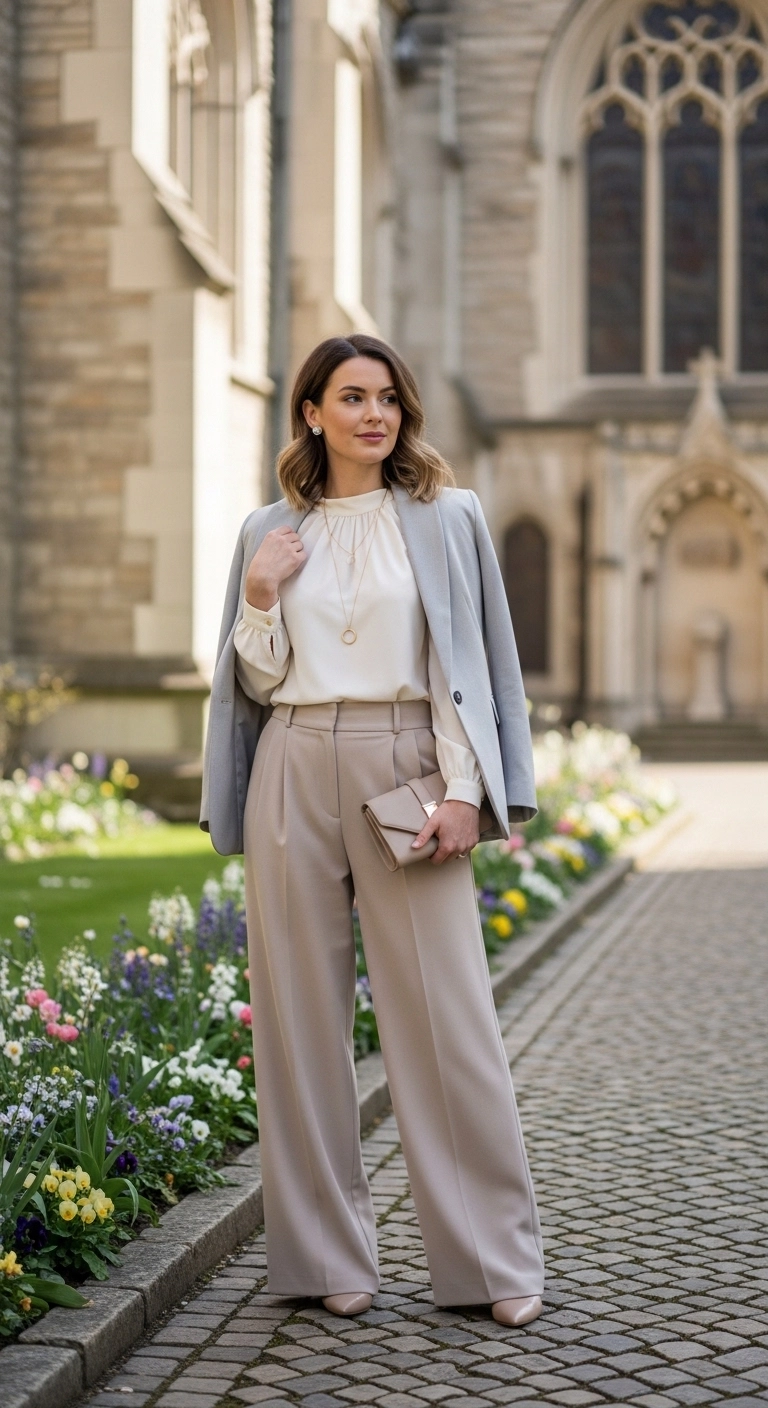 
Spring church outfits 2026 with wide-leg trousers, blouse, and blazer